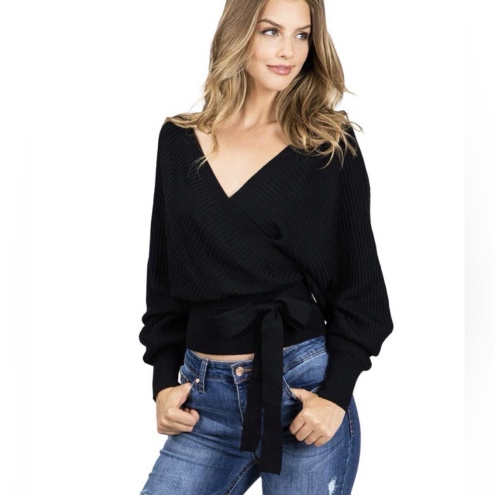 Love Tree Juniors L Wrap Sweater Black Oversized Dolman Sleeve Textured Crop